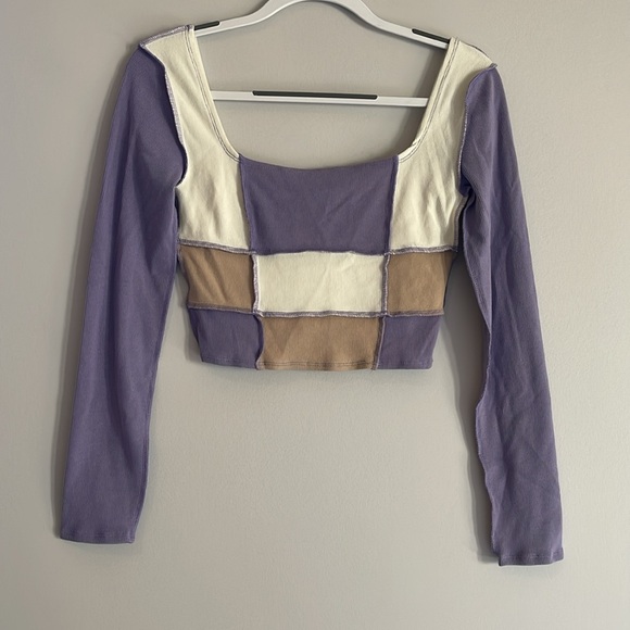 NWT Forever 21 Ribbed Colorblock Long Sleeve Crop Top Small 90s Y2K Square neck - Picture 5 of 8